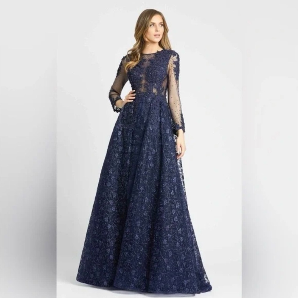 Mac Duggal Navy Long Sleeve Lace Gown
